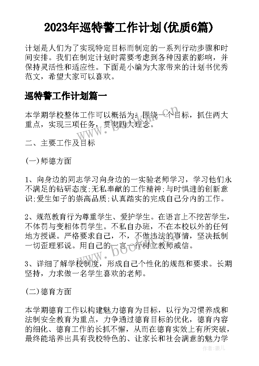 2023年巡特警工作计划(优质6篇)