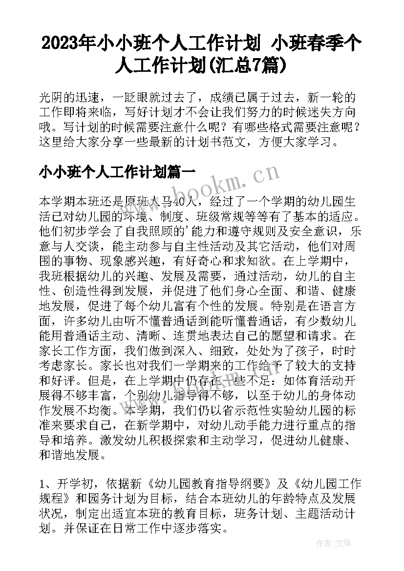 2023年小小班个人工作计划 小班春季个人工作计划(汇总7篇)