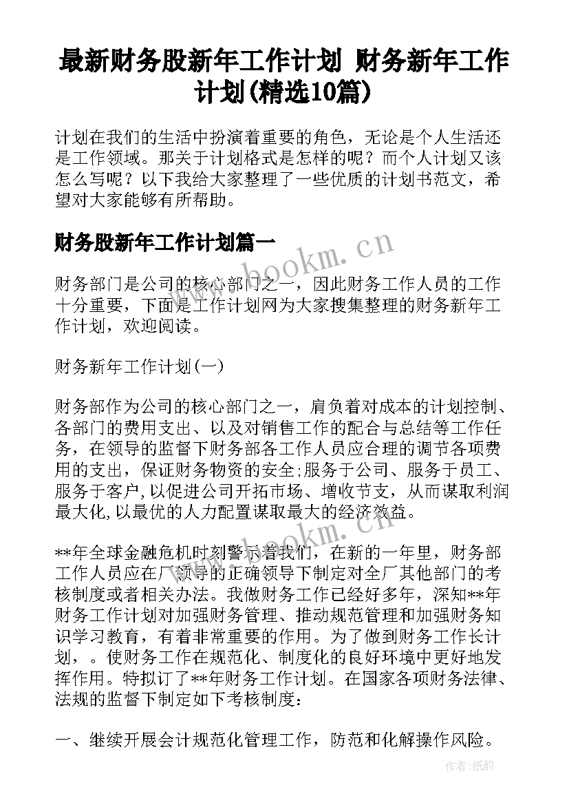 最新财务股新年工作计划 财务新年工作计划(精选10篇)