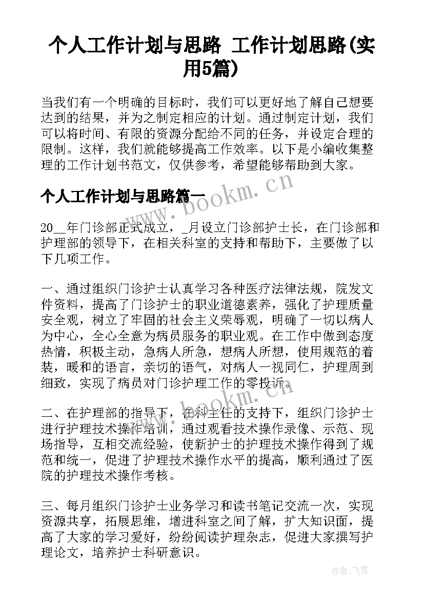 个人工作计划与思路 工作计划思路(实用5篇)