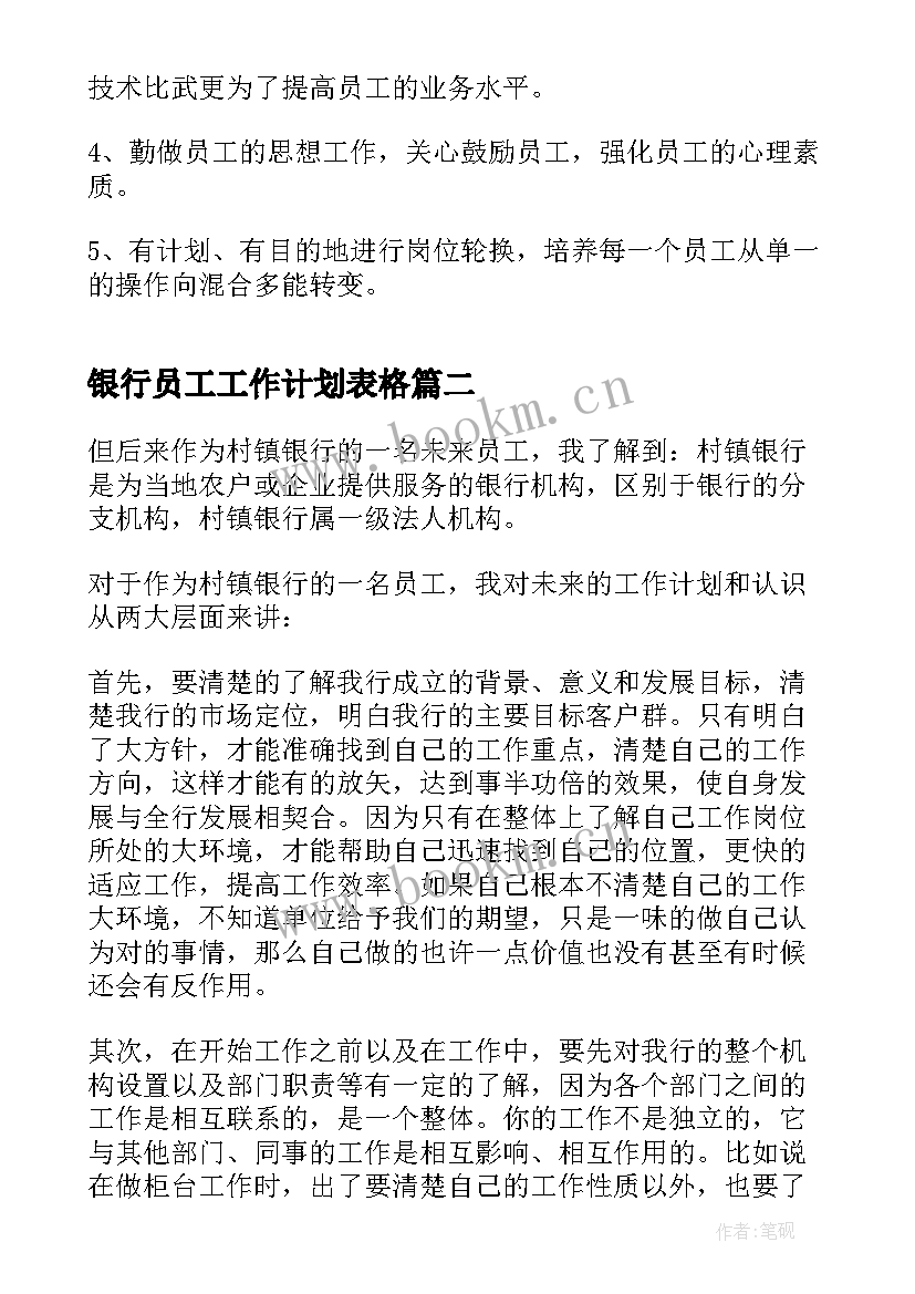 银行员工工作计划表格(优质10篇)