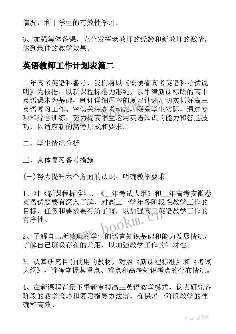 英语教师工作计划表(模板10篇)