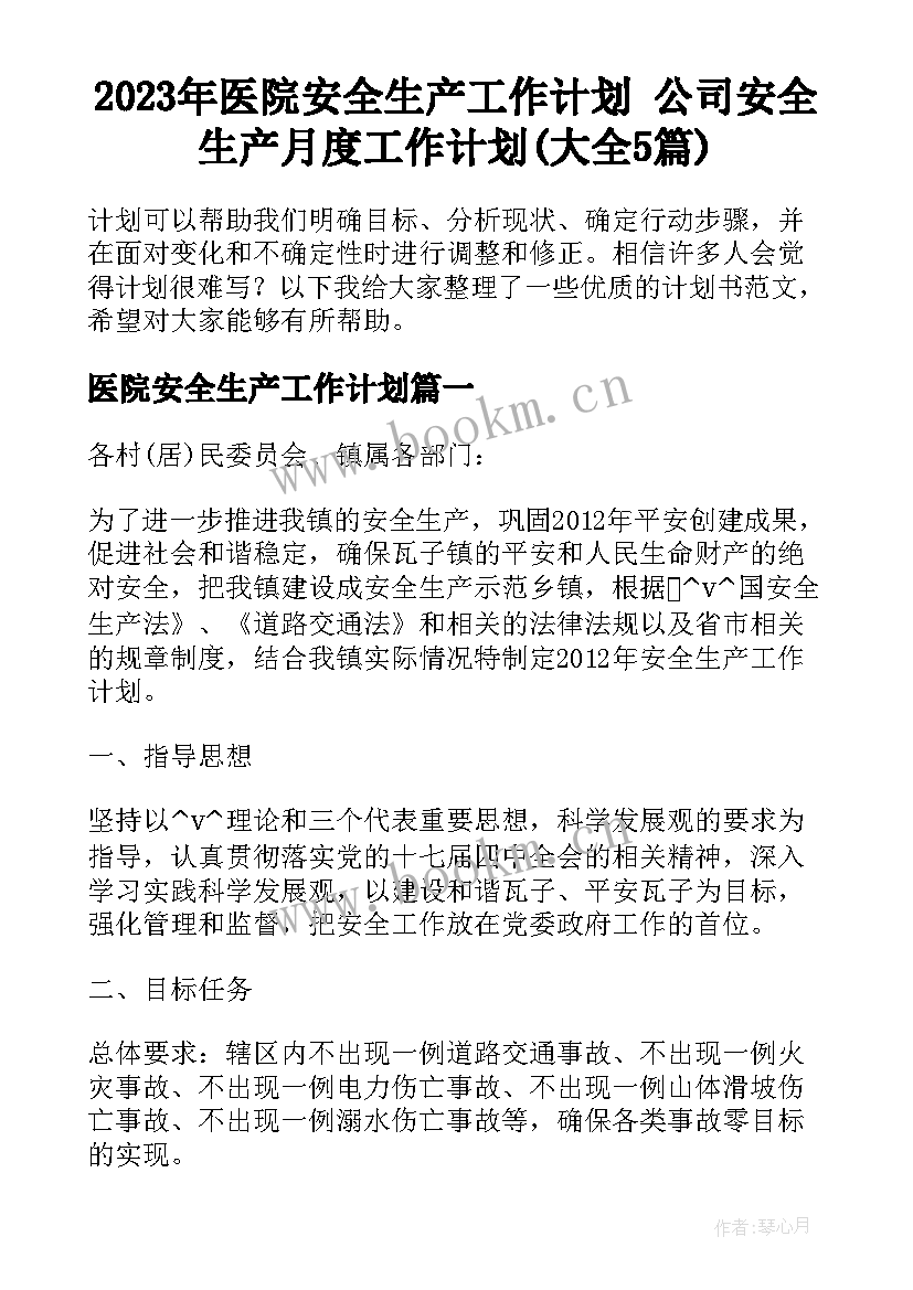 2023年医院安全生产工作计划 公司安全生产月度工作计划(大全5篇)