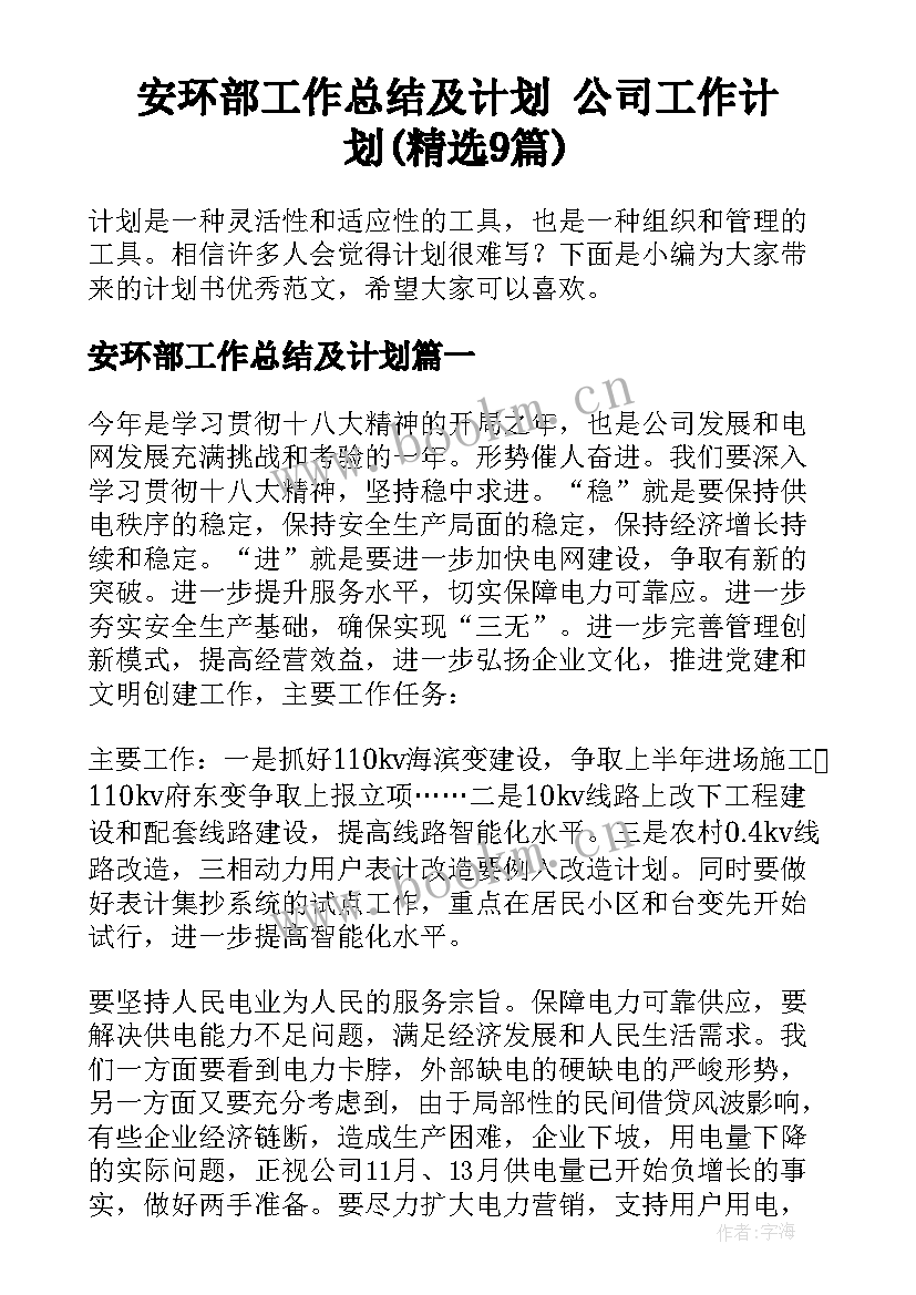 安环部工作总结及计划 公司工作计划(精选9篇)