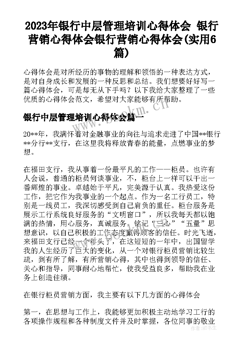 2023年银行中层管理培训心得体会 银行营销心得体会银行营销心得体会(实用6篇)