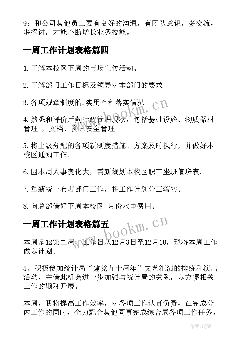 2023年一周工作计划表格 一周工作计划(实用7篇)