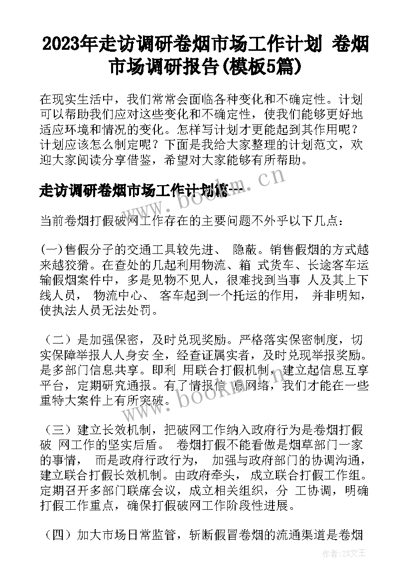 2023年走访调研卷烟市场工作计划 卷烟市场调研报告(模板5篇)