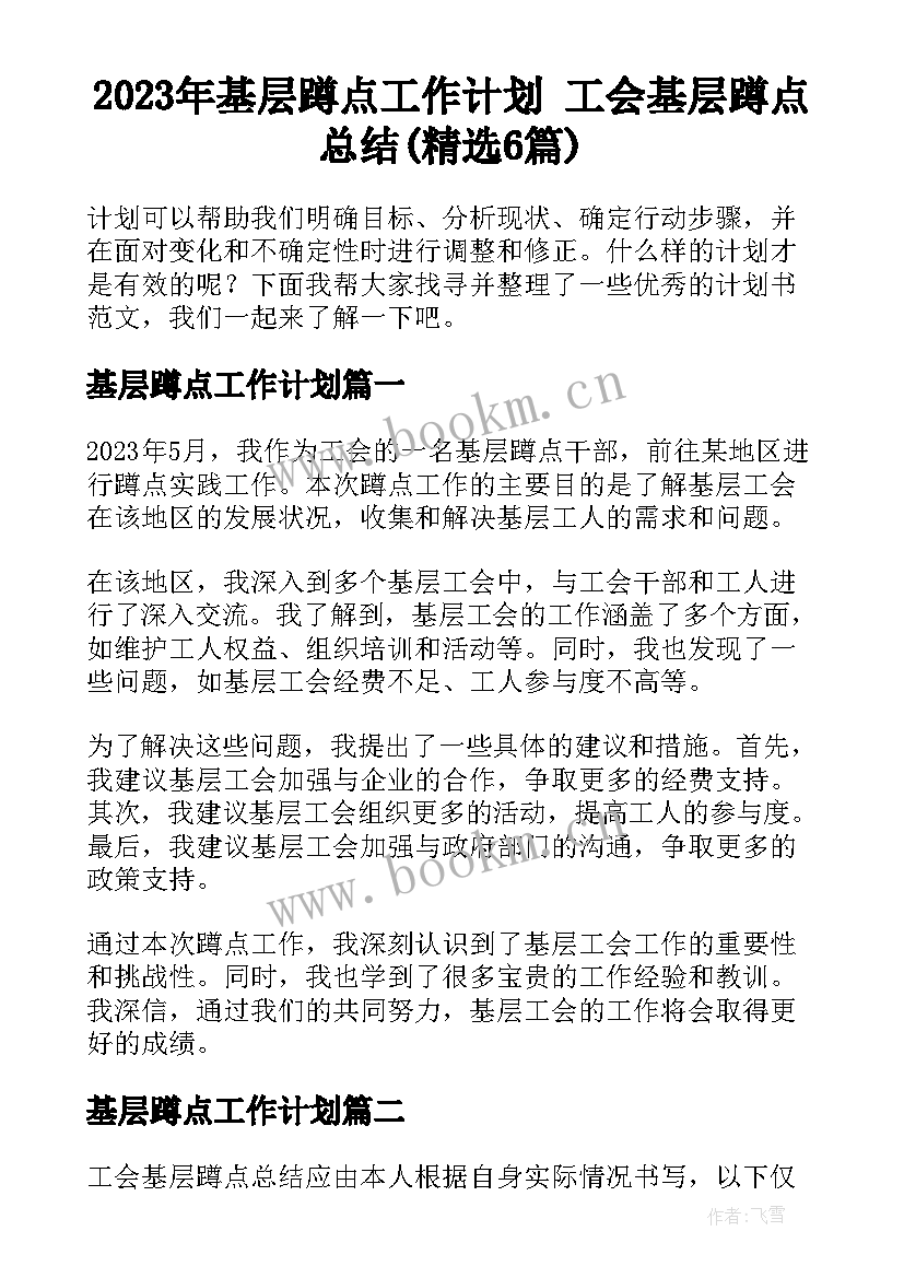 2023年基层蹲点工作计划 工会基层蹲点总结(精选6篇)