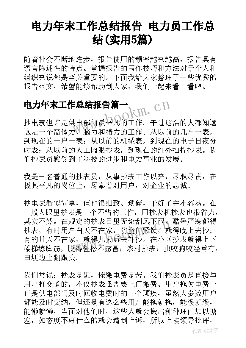 电力年末工作总结报告 电力员工作总结(实用5篇)