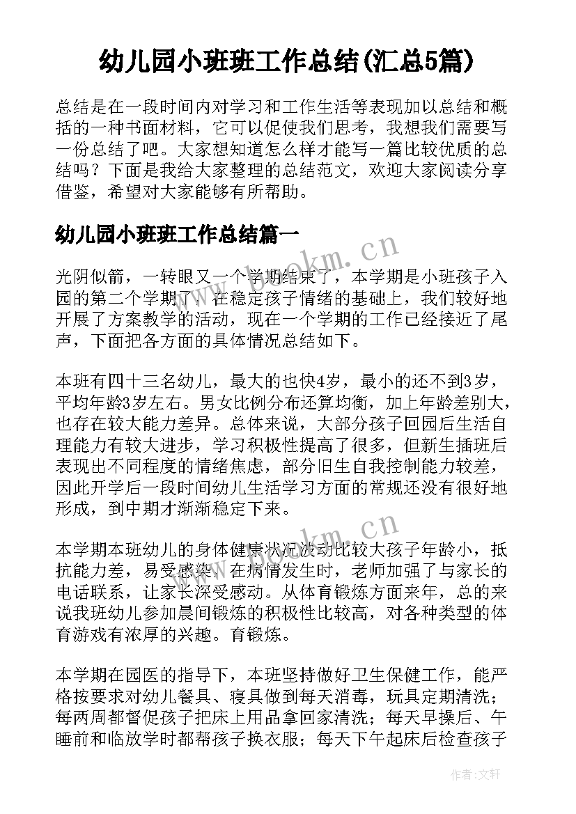 幼儿园小班班工作总结(汇总5篇)