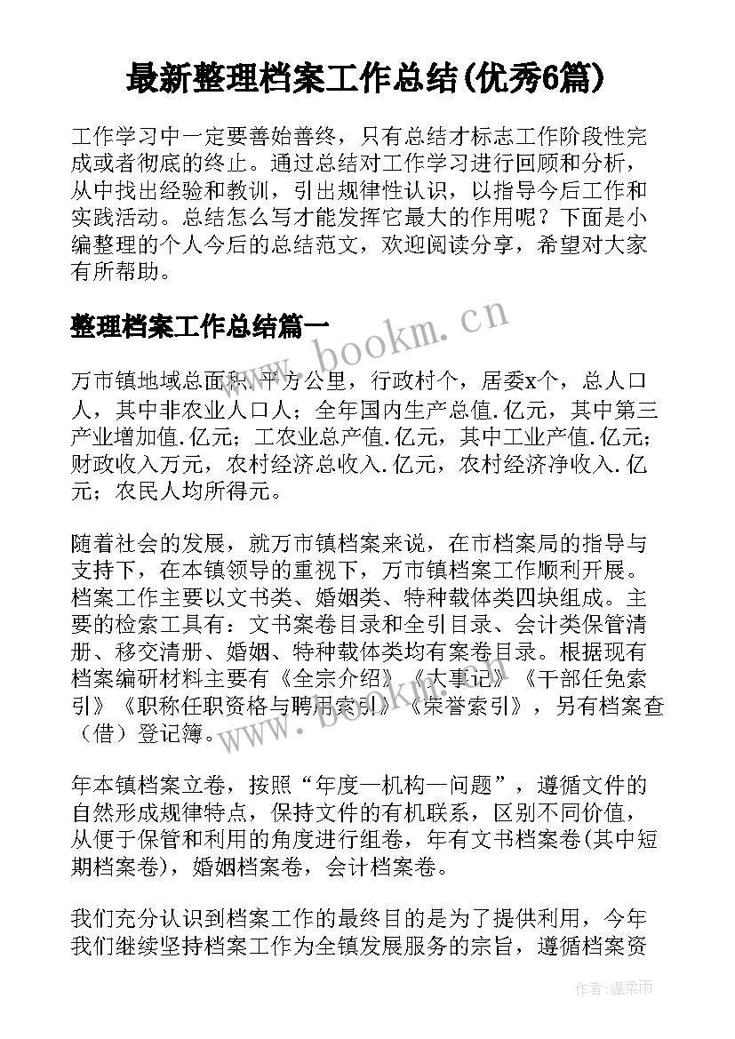 最新整理档案工作总结(优秀6篇)