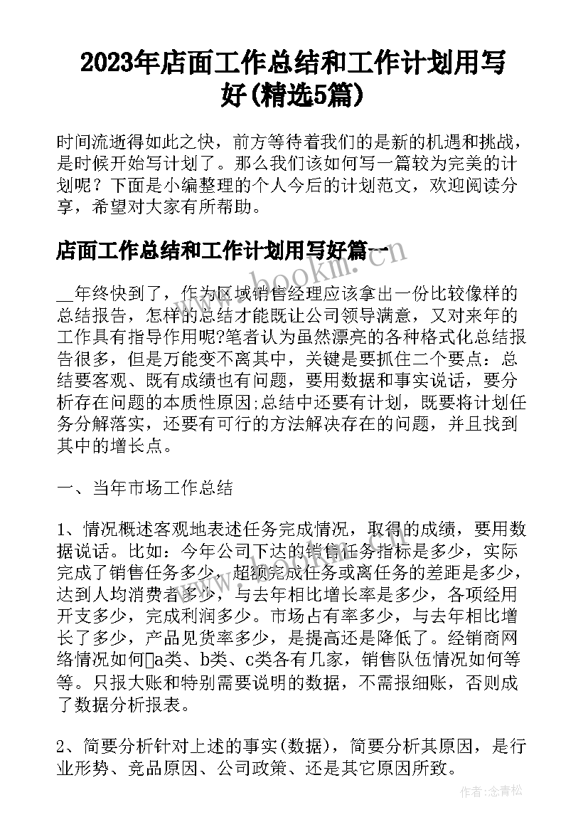 2023年店面工作总结和工作计划用写好(精选5篇)