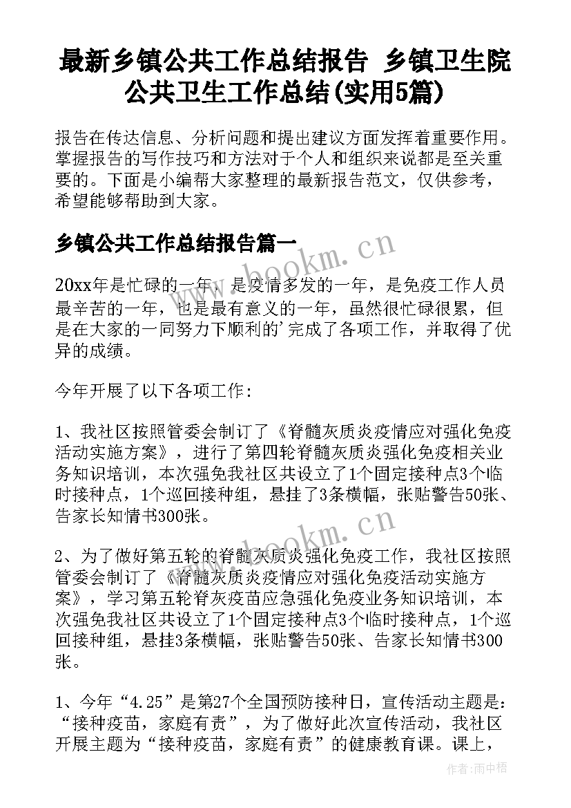 最新乡镇公共工作总结报告 乡镇卫生院公共卫生工作总结(实用5篇)