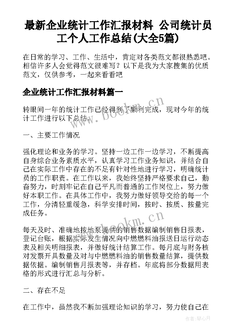 最新企业统计工作汇报材料 公司统计员工个人工作总结(大全5篇)