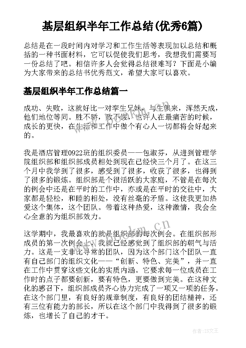 基层组织半年工作总结(优秀6篇)