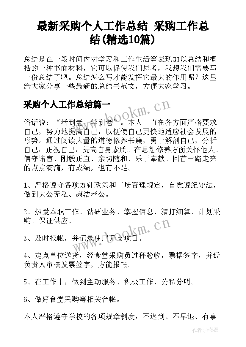 最新采购个人工作总结 采购工作总结(精选10篇)