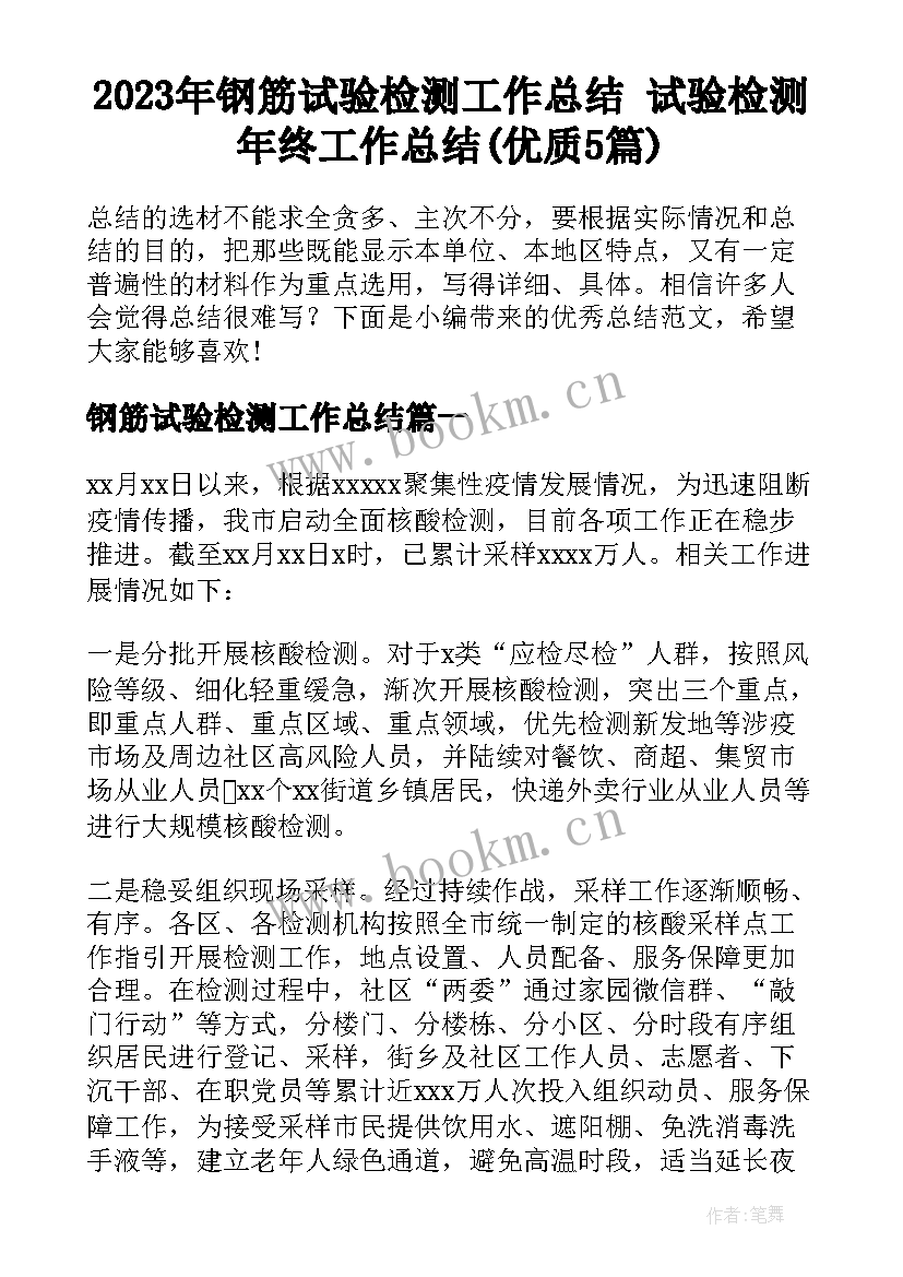 2023年钢筋试验检测工作总结 试验检测年终工作总结(优质5篇)