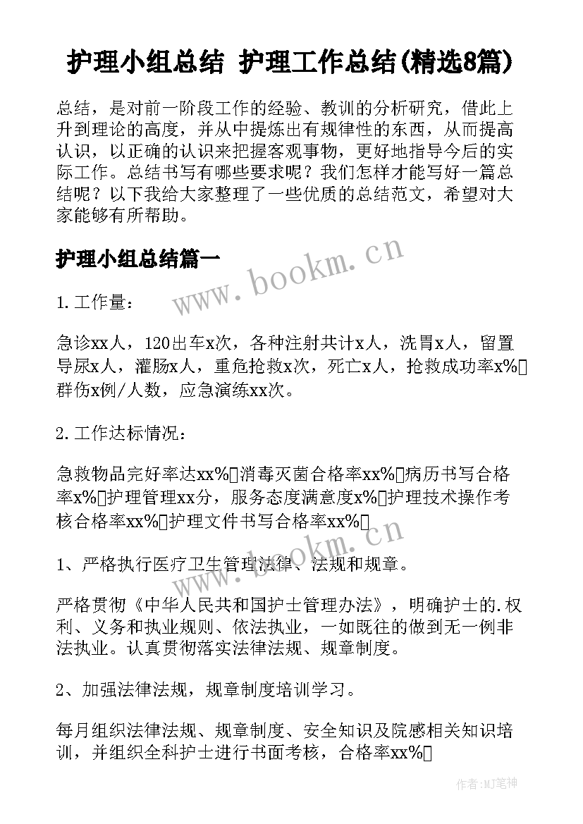 护理小组总结 护理工作总结(精选8篇)