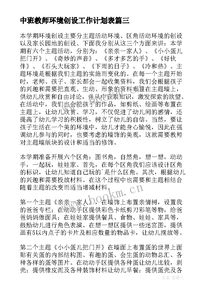 最新中班教师环境创设工作计划表 中班班级环境创设计划(大全9篇)