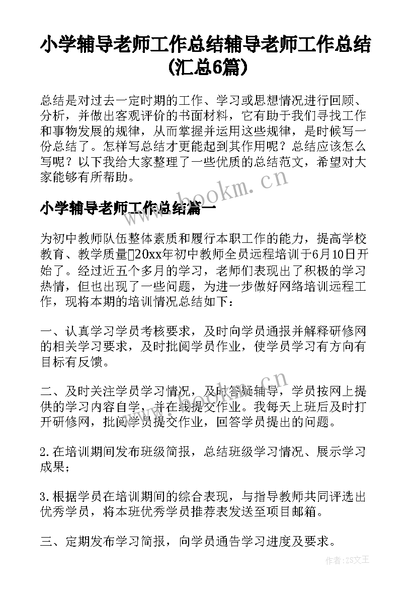 小学辅导老师工作总结 辅导老师工作总结(汇总6篇)