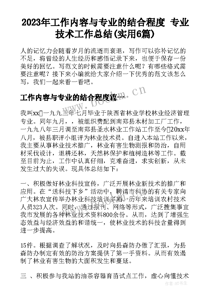 2023年工作内容与专业的结合程度 专业技术工作总结(实用6篇)