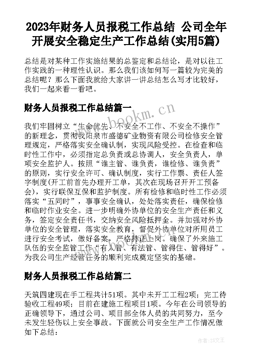 2023年财务人员报税工作总结 公司全年开展安全稳定生产工作总结(实用5篇)