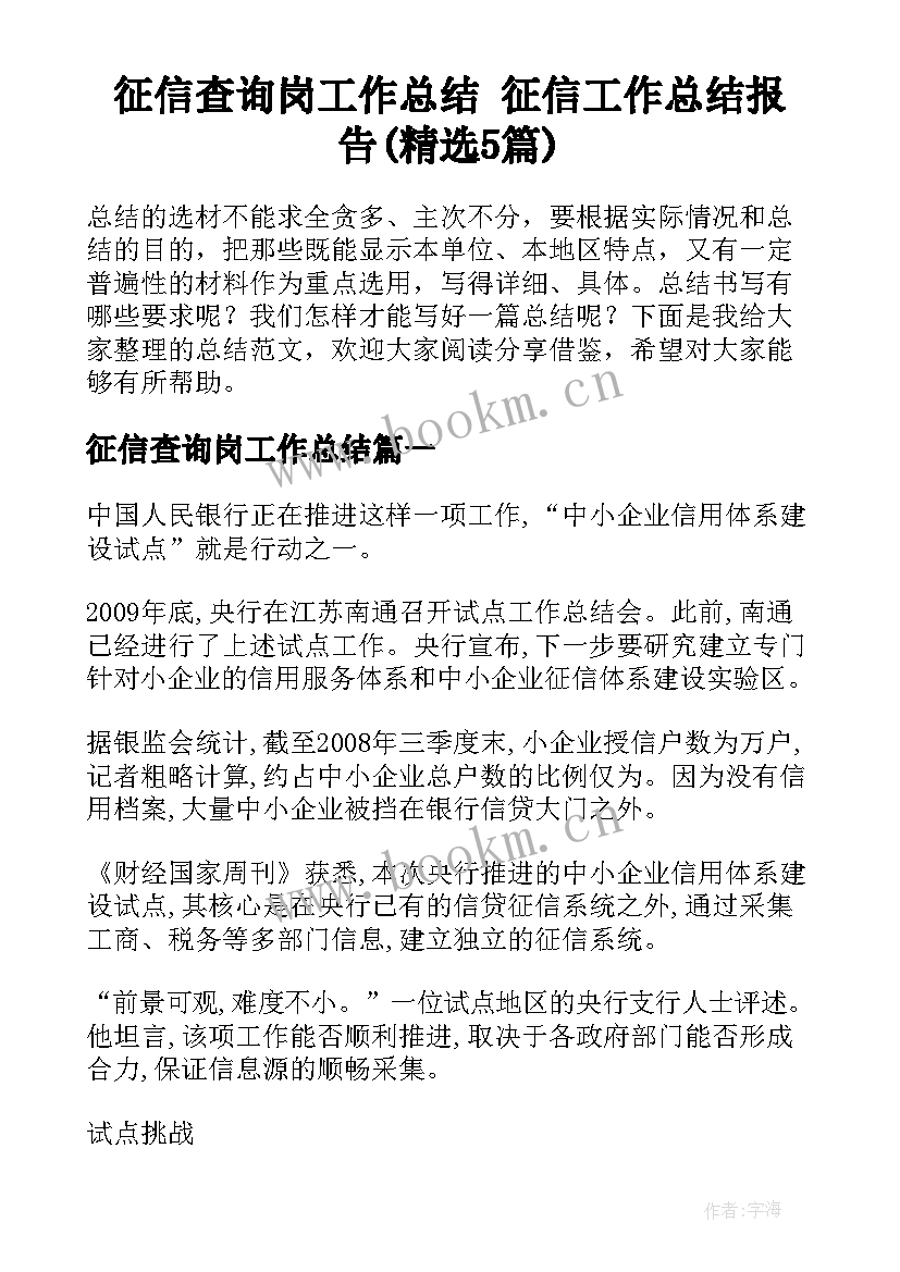 征信查询岗工作总结 征信工作总结报告(精选5篇)