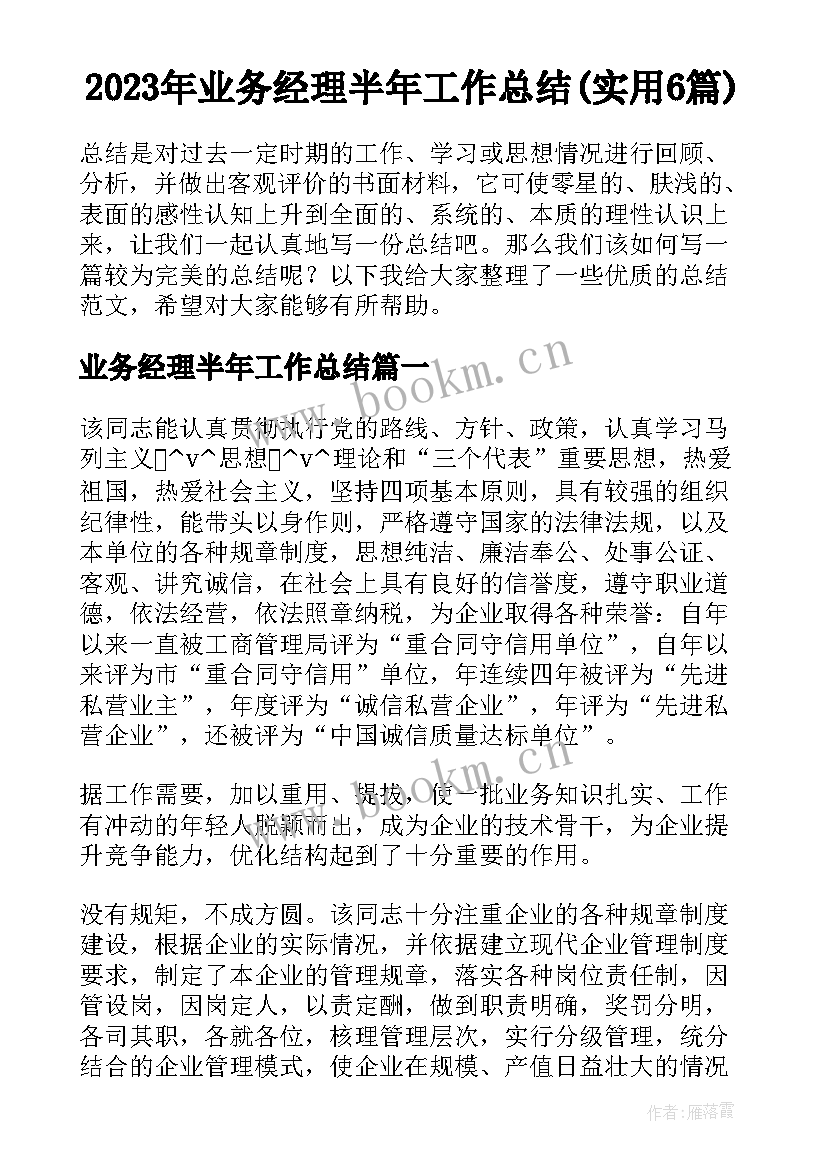 2023年业务经理半年工作总结(实用6篇)