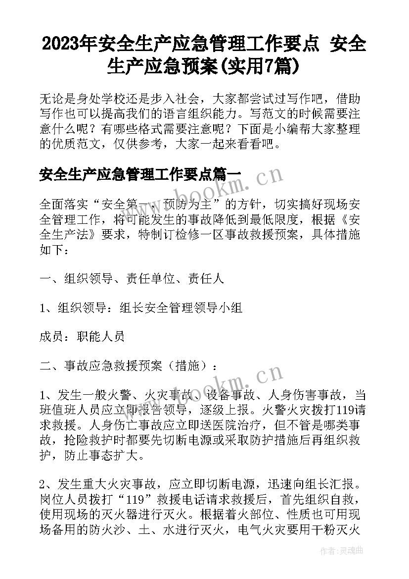 2023年安全生产应急管理工作要点 安全生产应急预案(实用7篇)