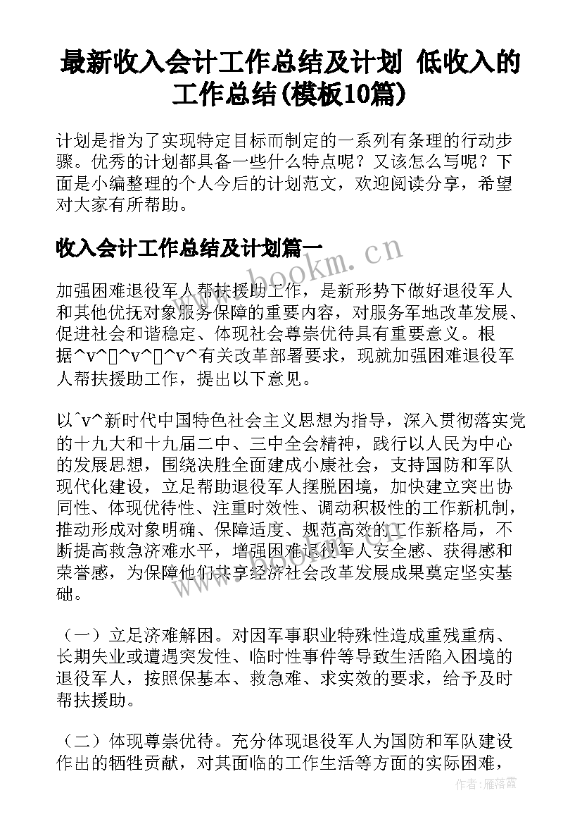 最新收入会计工作总结及计划 低收入的工作总结(模板10篇)