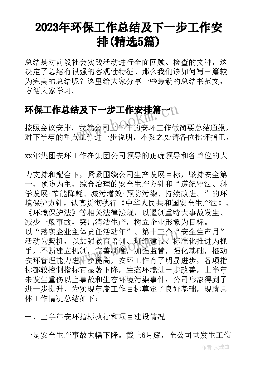 2023年环保工作总结及下一步工作安排(精选5篇)