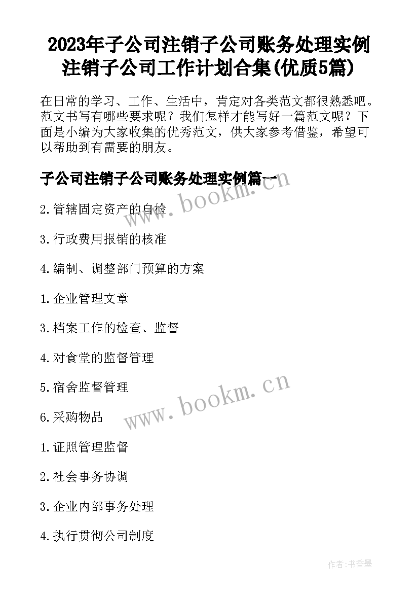 2023年子公司注销子公司账务处理实例 注销子公司工作计划合集(优质5篇)