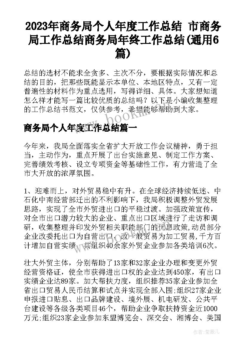 2023年商务局个人年度工作总结 市商务局工作总结商务局年终工作总结(通用6篇)