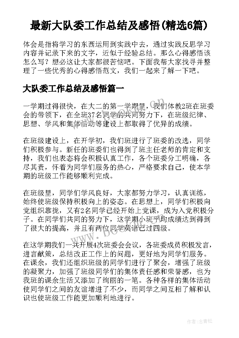 最新大队委工作总结及感悟(精选6篇)