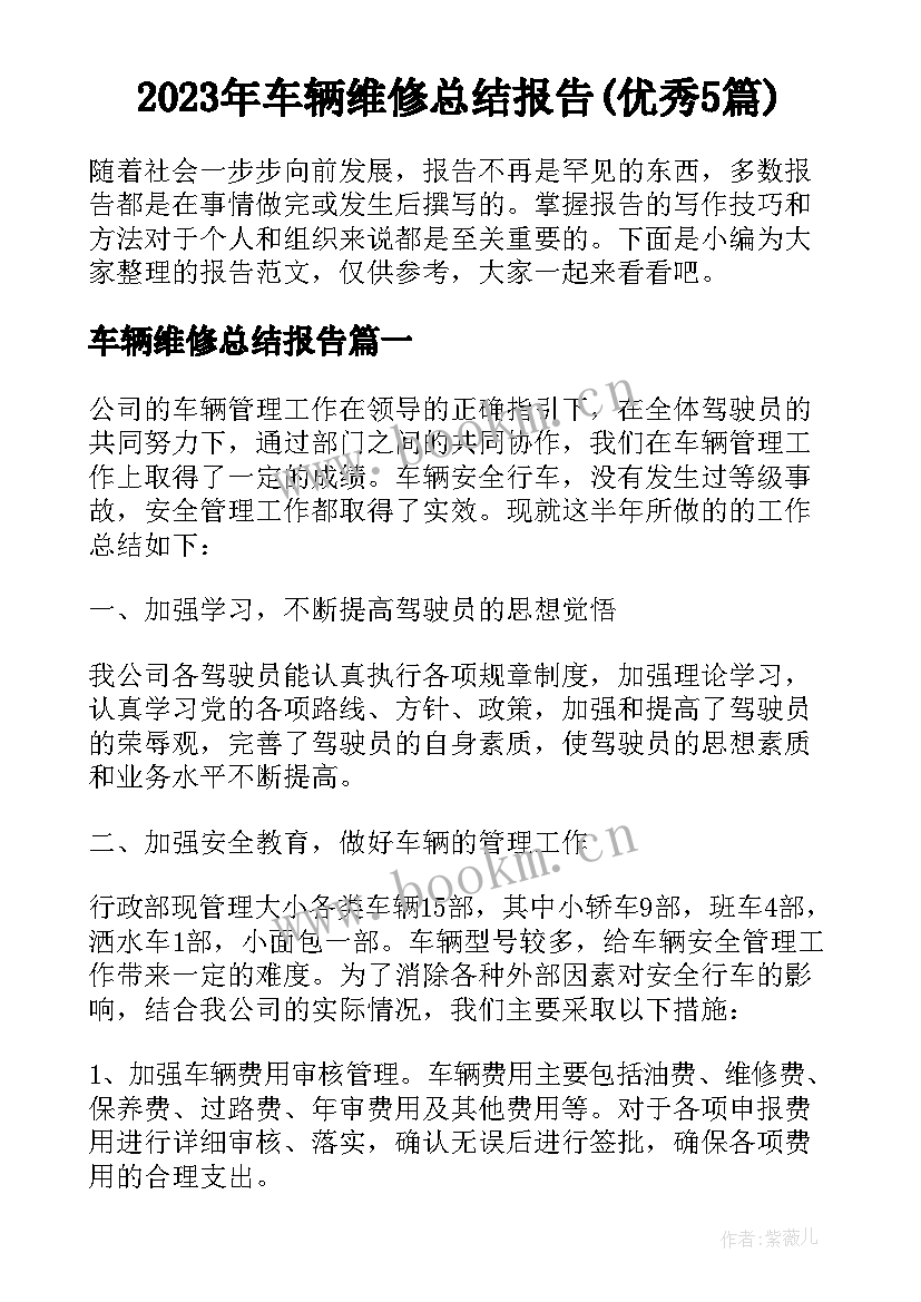 2023年车辆维修总结报告(优秀5篇)