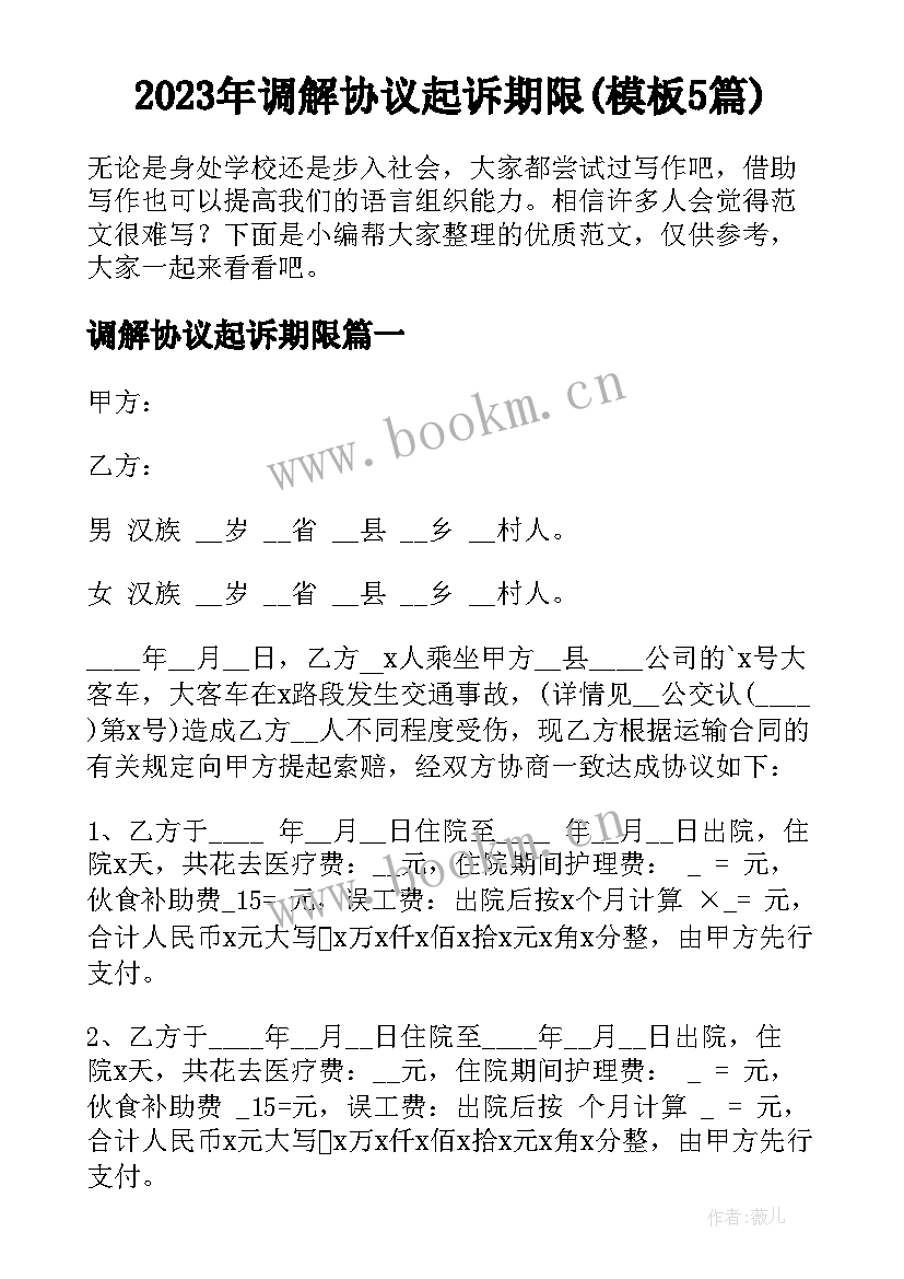 2023年调解协议起诉期限(模板5篇)