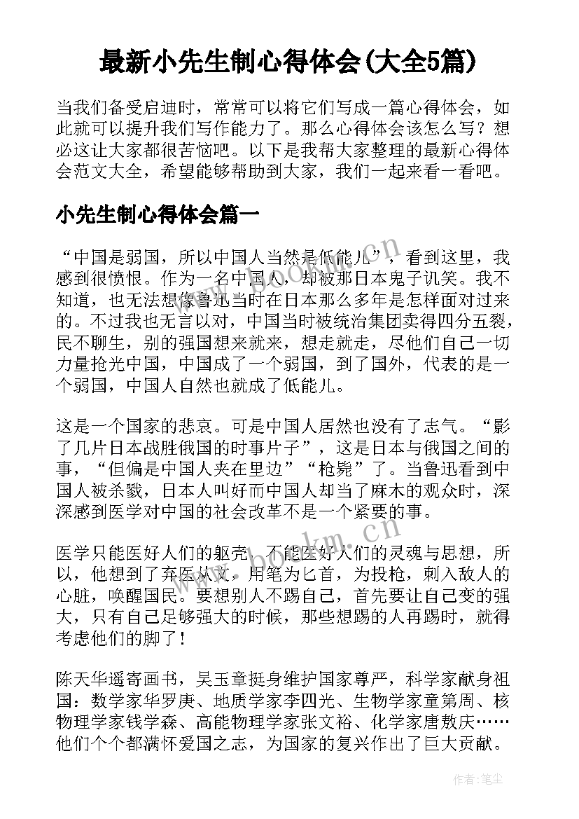 最新小先生制心得体会(大全5篇)