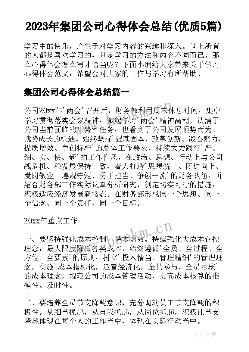 2023年集团公司心得体会总结(优质5篇)