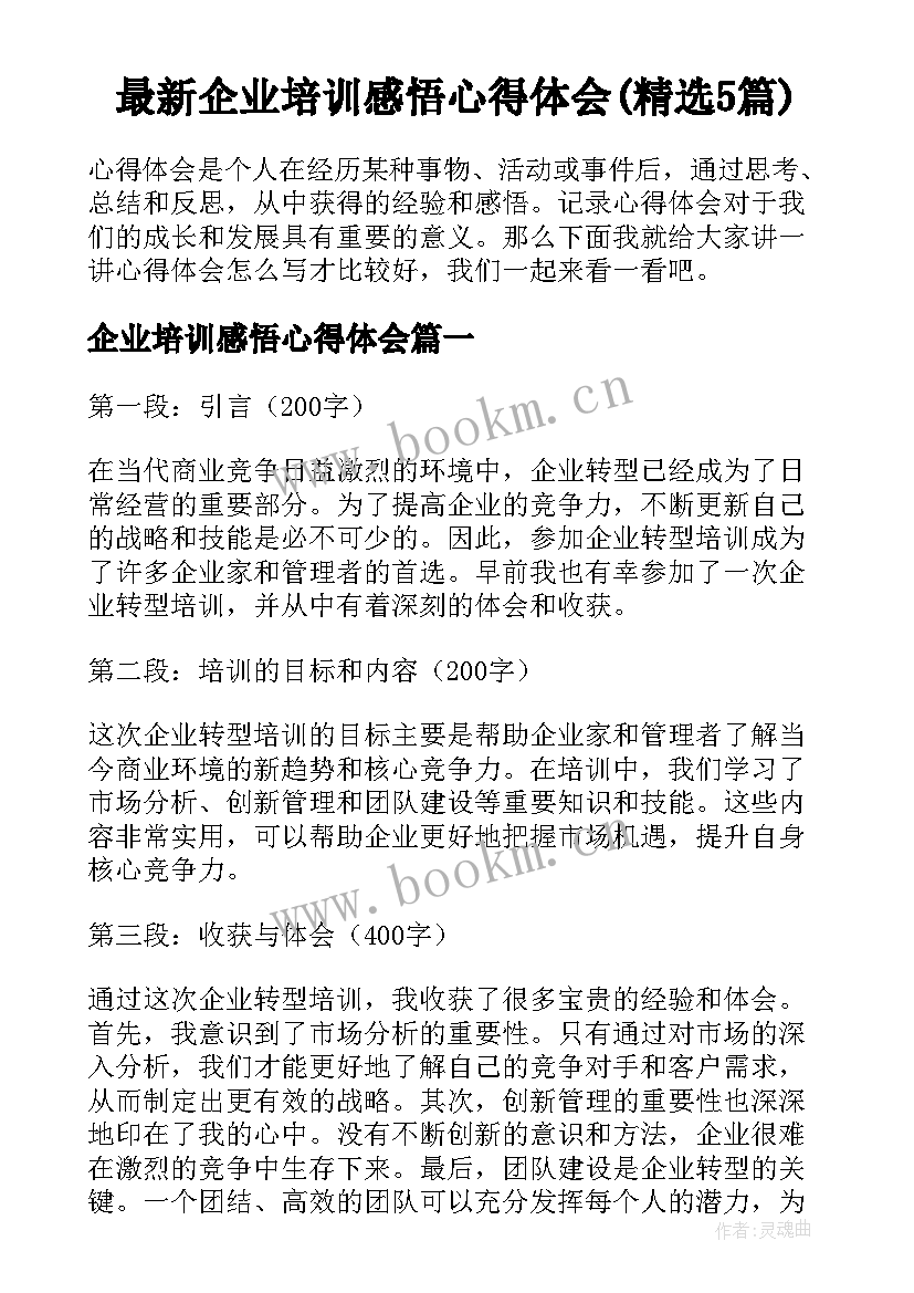 最新企业培训感悟心得体会(精选5篇)