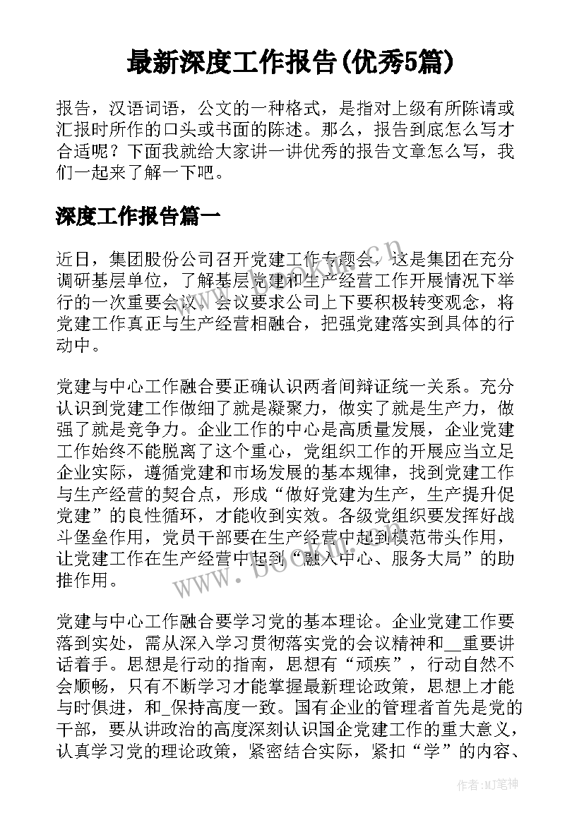 最新深度工作报告(优秀5篇)