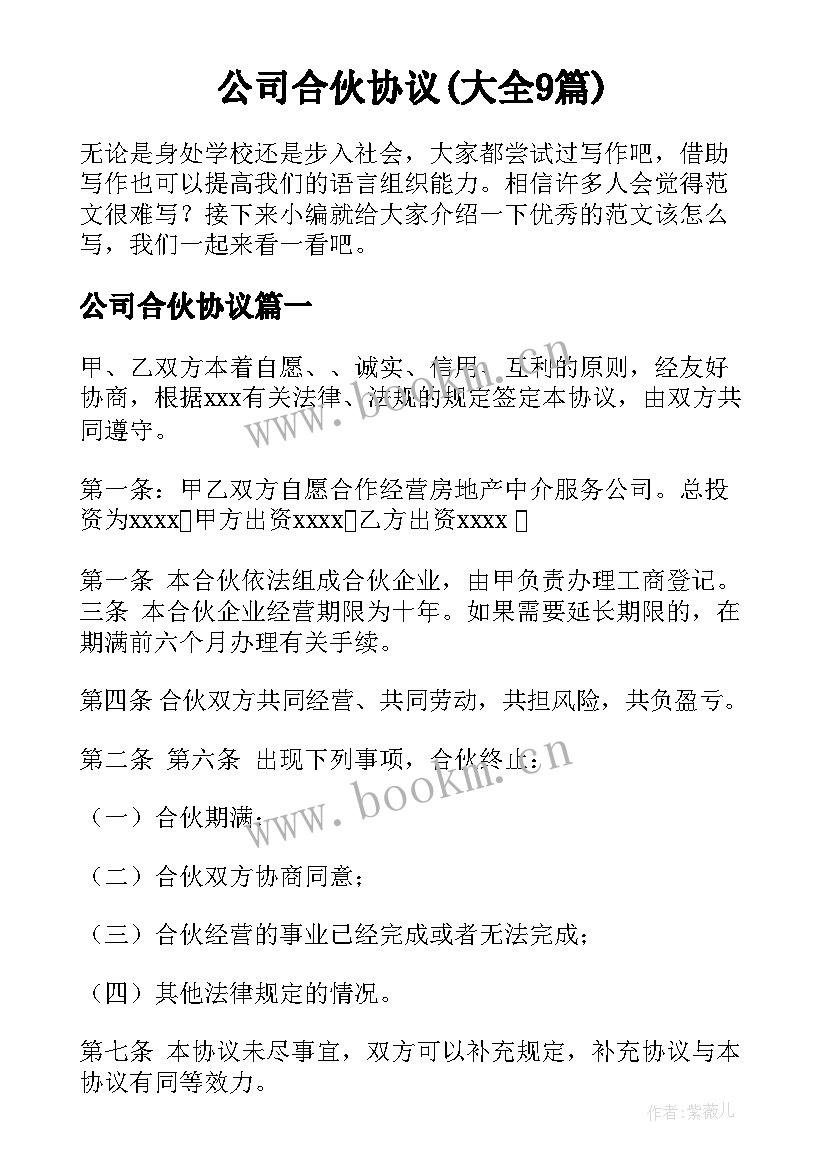 公司合伙协议(大全9篇)