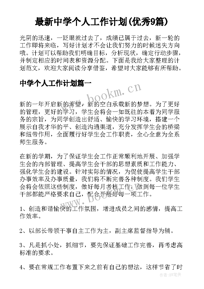 最新中学个人工作计划(优秀9篇)