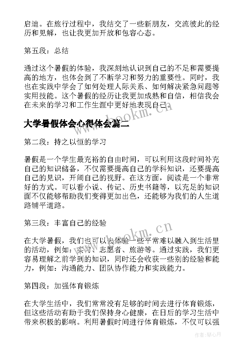 2023年大学暑假体会心得体会(精选6篇)