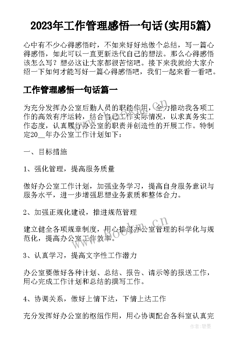 2023年工作管理感悟一句话(实用5篇)