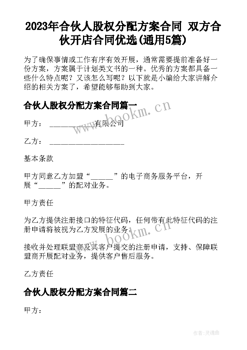 2023年合伙人股权分配方案合同 双方合伙开店合同优选(通用5篇)