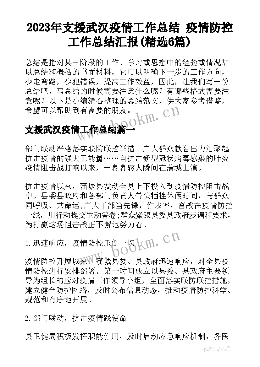 2023年支援武汉疫情工作总结 疫情防控工作总结汇报(精选6篇)