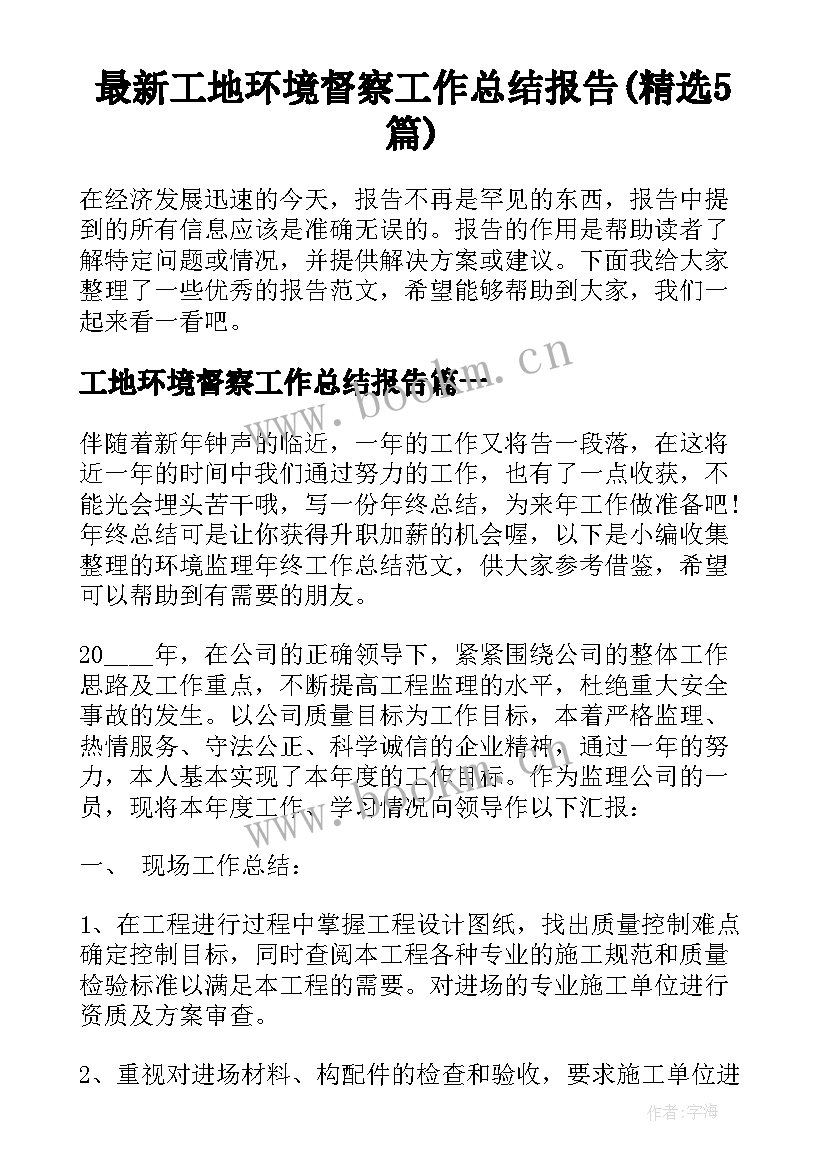 最新工地环境督察工作总结报告(精选5篇)