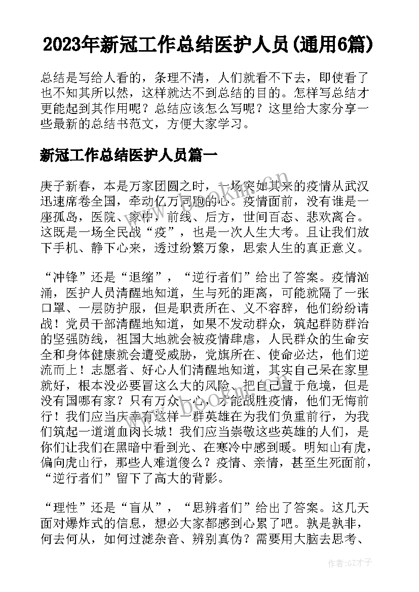 2023年新冠工作总结医护人员(通用6篇)