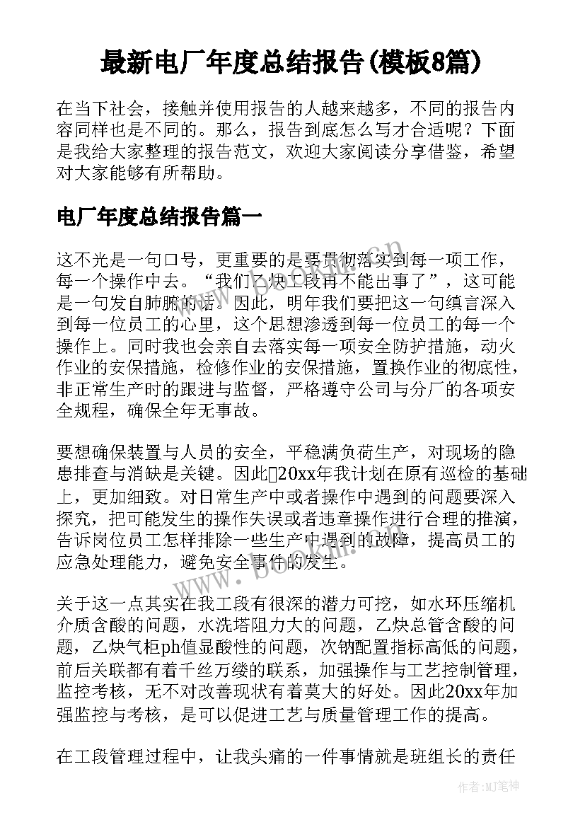 最新电厂年度总结报告(模板8篇)