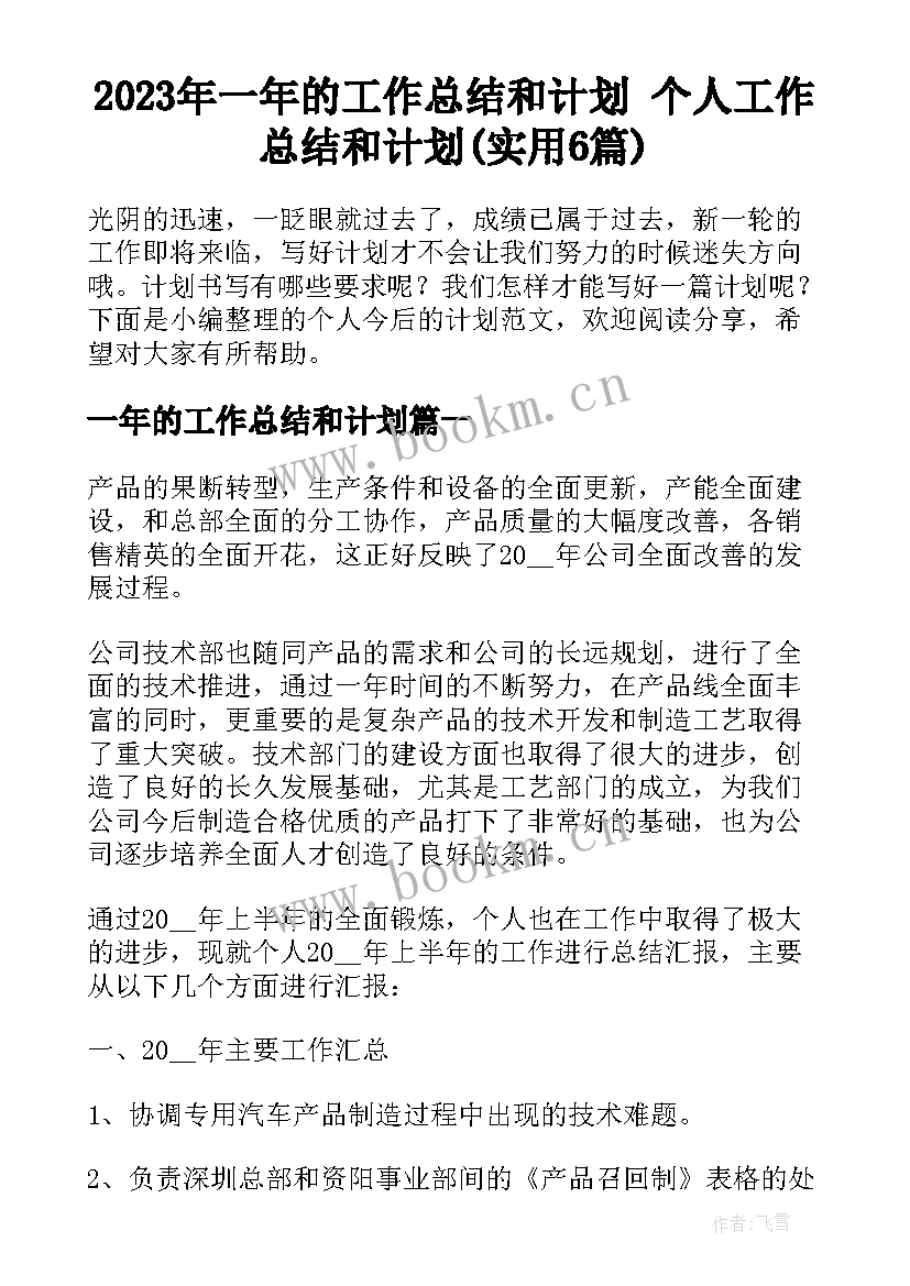 2023年一年的工作总结和计划 个人工作总结和计划(实用6篇)